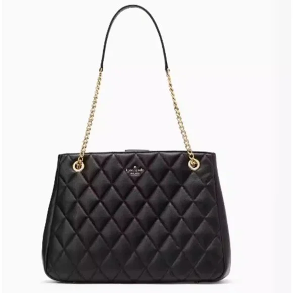 Kate Spade Black Quilted Leather Tote w/Leather and Gold Chain Link Straps - Picture 1 of 4
